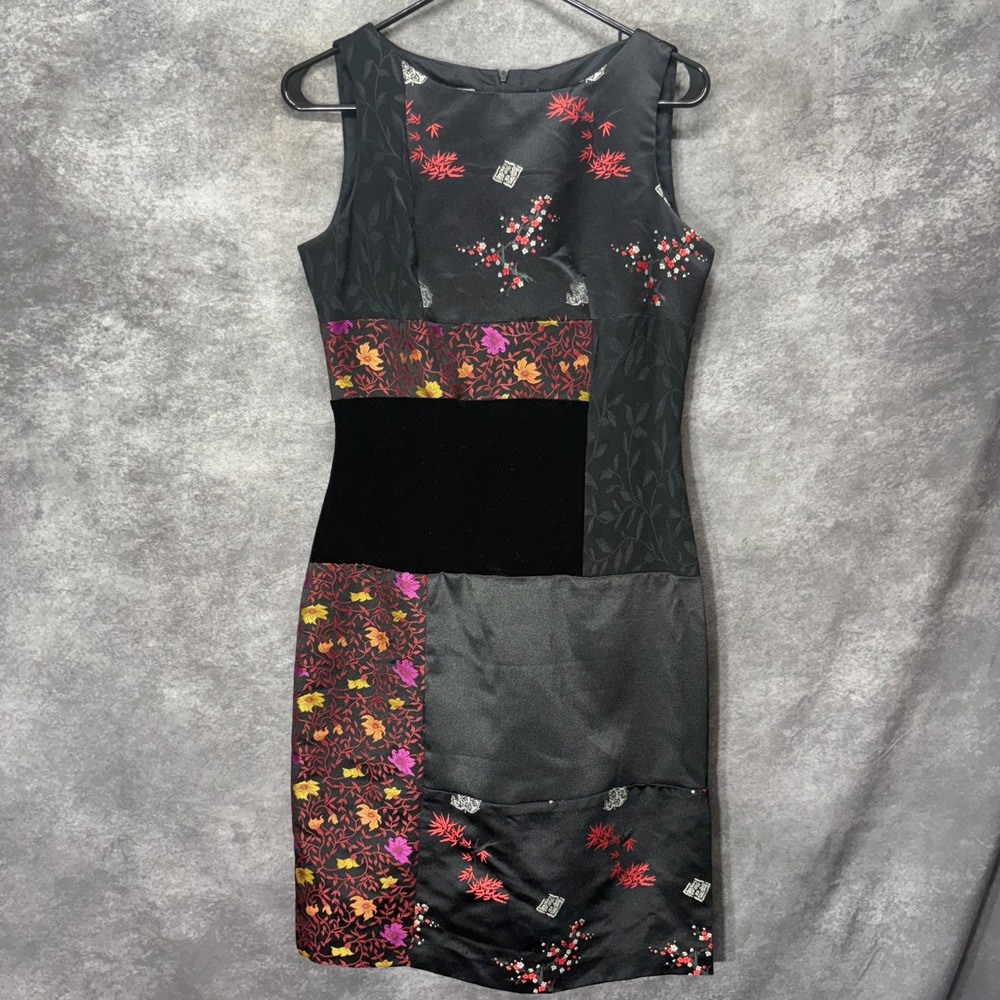 Vintage David Warren Asian Floral Satin Velvet Patchwork Sheath Dress Size 6